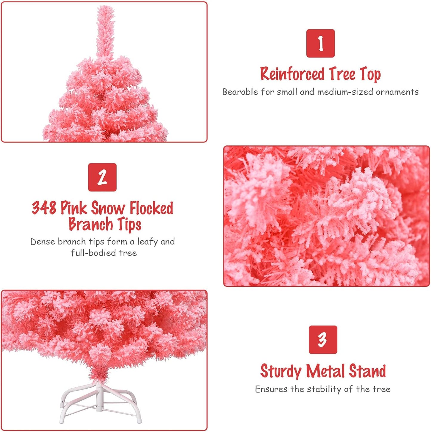 Pink Christmas Tree, 4.5 Ft Xmas Decoration Tree W/ 348 Snow Flocked PVC Tips & Metal Stand, Full-Bodied Unlit Artificial Tree for Indoor Festival Holiday Use