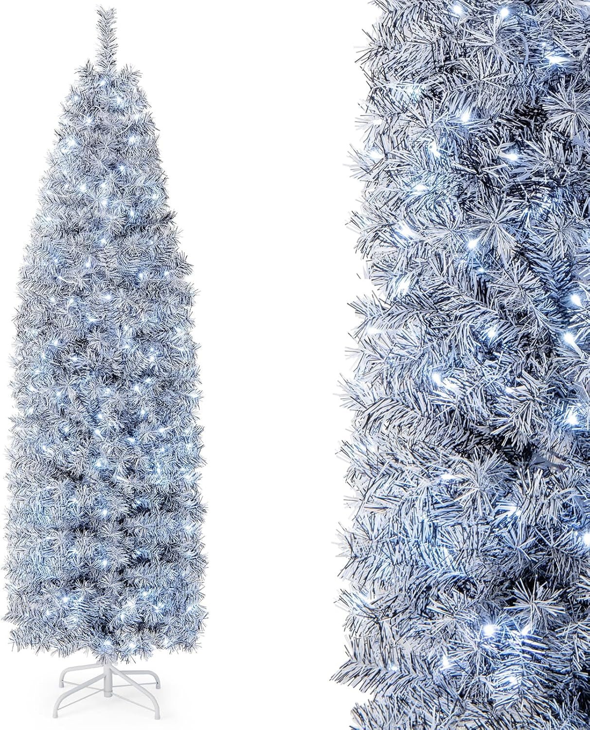 6Ft Sliver Pencil Christmas Tree, Artificial Slim Tree, Electroplated Technology, Xmas Decor for Indoor and Outdoor