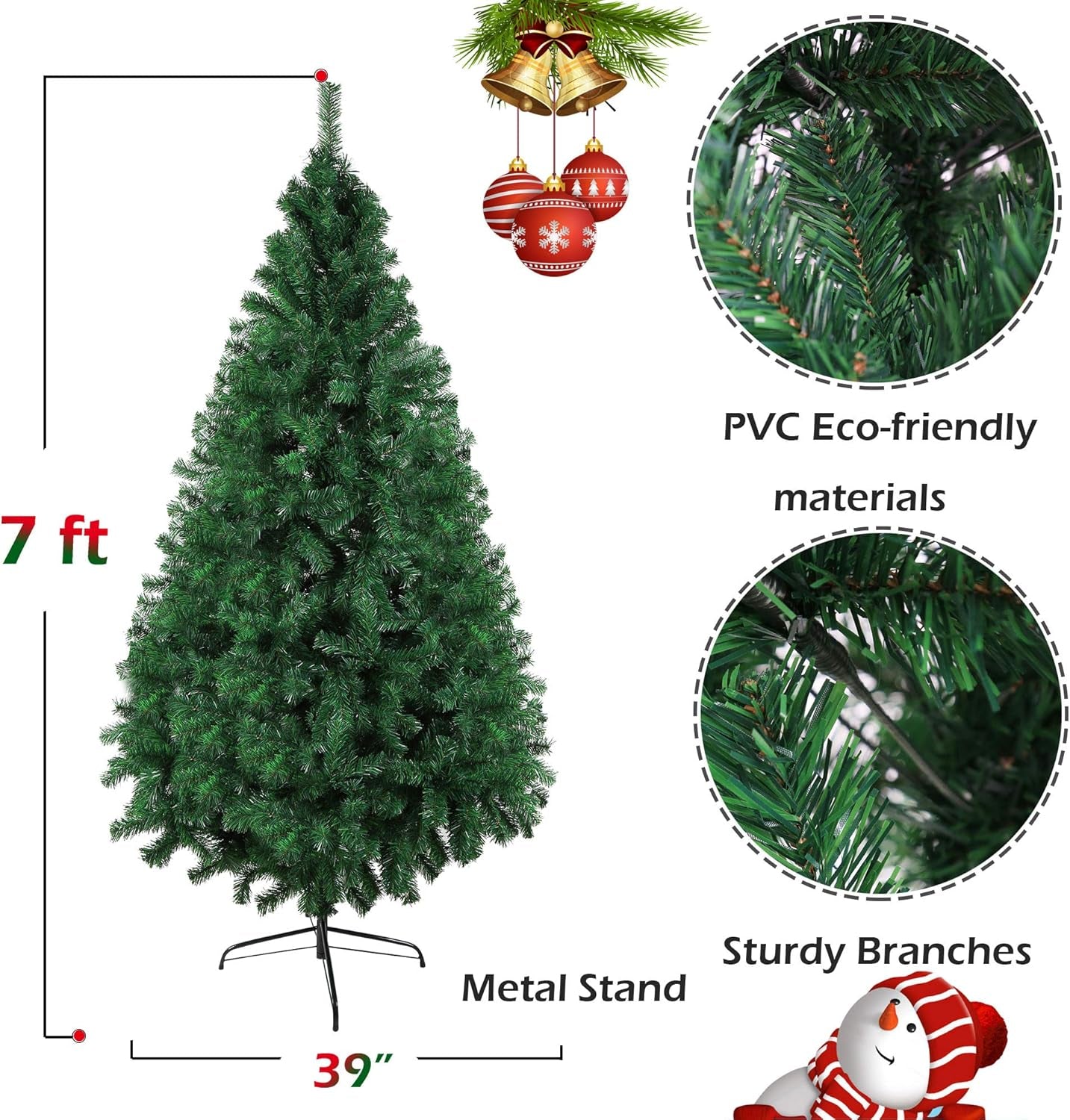 7 FT Christmas Pine Tree Artificial Fake Xmas Tree with Solid Metal Stand and Decoration for Festival Party Holiday Decorations,Green