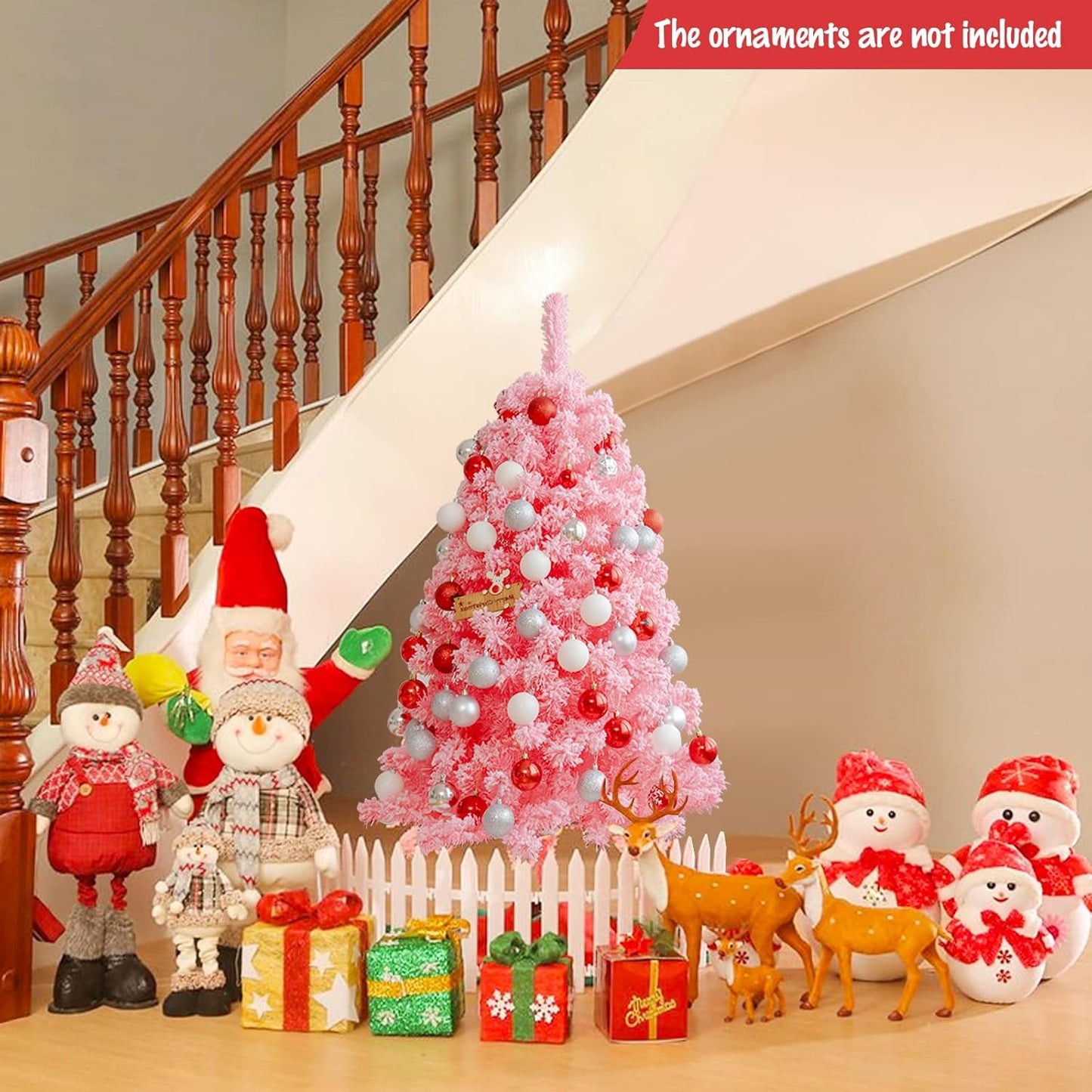 Pink Christmas Tree, 4.5 Ft Xmas Decoration Tree W/ 348 Snow Flocked PVC Tips & Metal Stand, Full-Bodied Unlit Artificial Tree for Indoor Festival Holiday Use