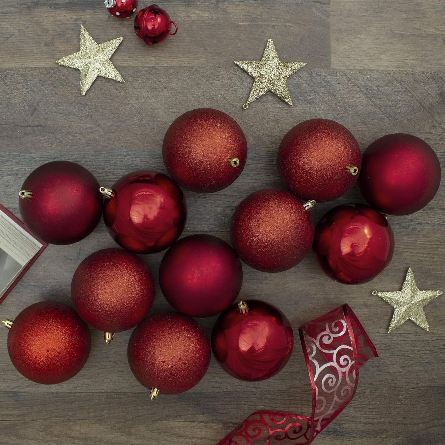 Shatterproof 4-Finish Christmas Ball Ornaments - 4" (100Mm) - Red - 12Ct