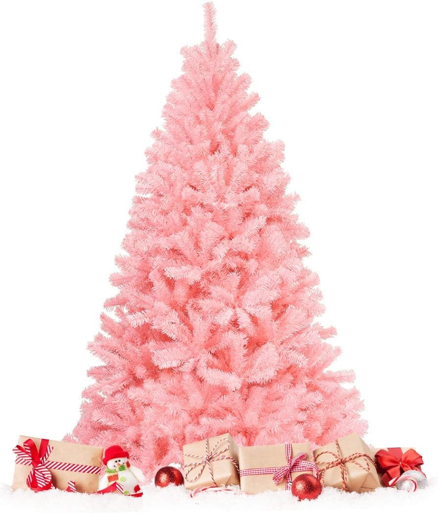 Pink Christmas Tree, 4.5 Ft Xmas Decoration Tree W/ 348 Snow Flocked PVC Tips & Metal Stand, Full-Bodied Unlit Artificial Tree for Indoor Festival Holiday Use