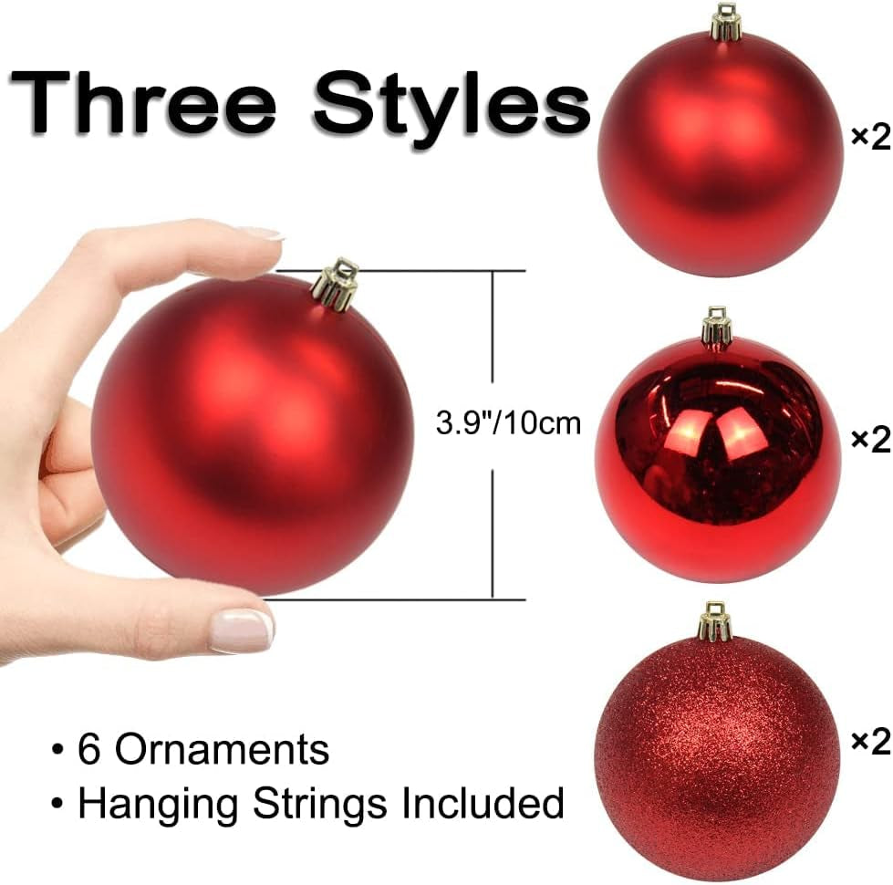 3.94" Large Christmas Balls Shatterproof Red Christmas Ornaments 6 Pcs Big Red Christmas Ornaments for Christmas Tree Holiday Wedding Party Decoration