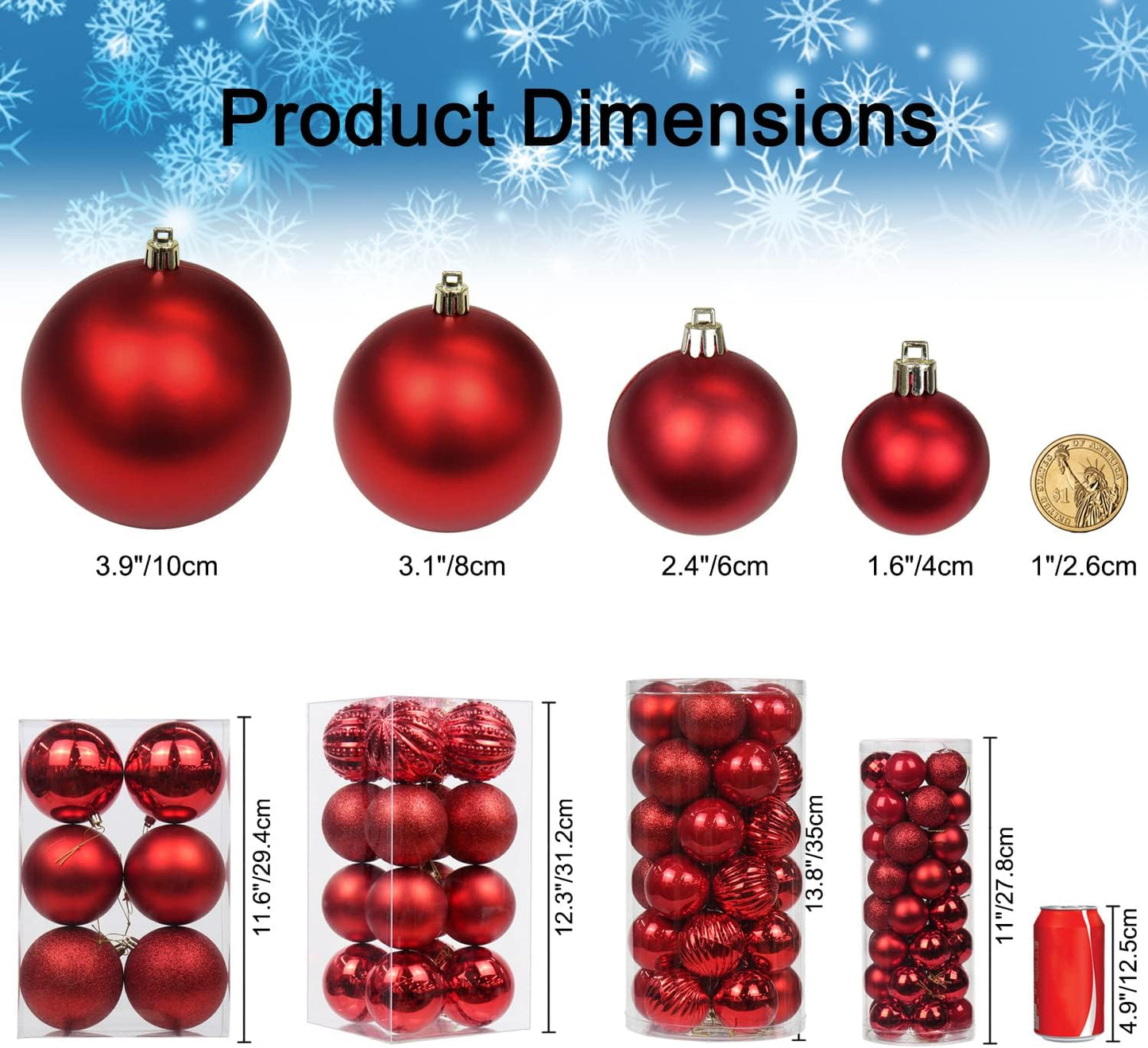 3.94" Large Christmas Balls Shatterproof Red Christmas Ornaments 6 Pcs Big Red Christmas Ornaments for Christmas Tree Holiday Wedding Party Decoration