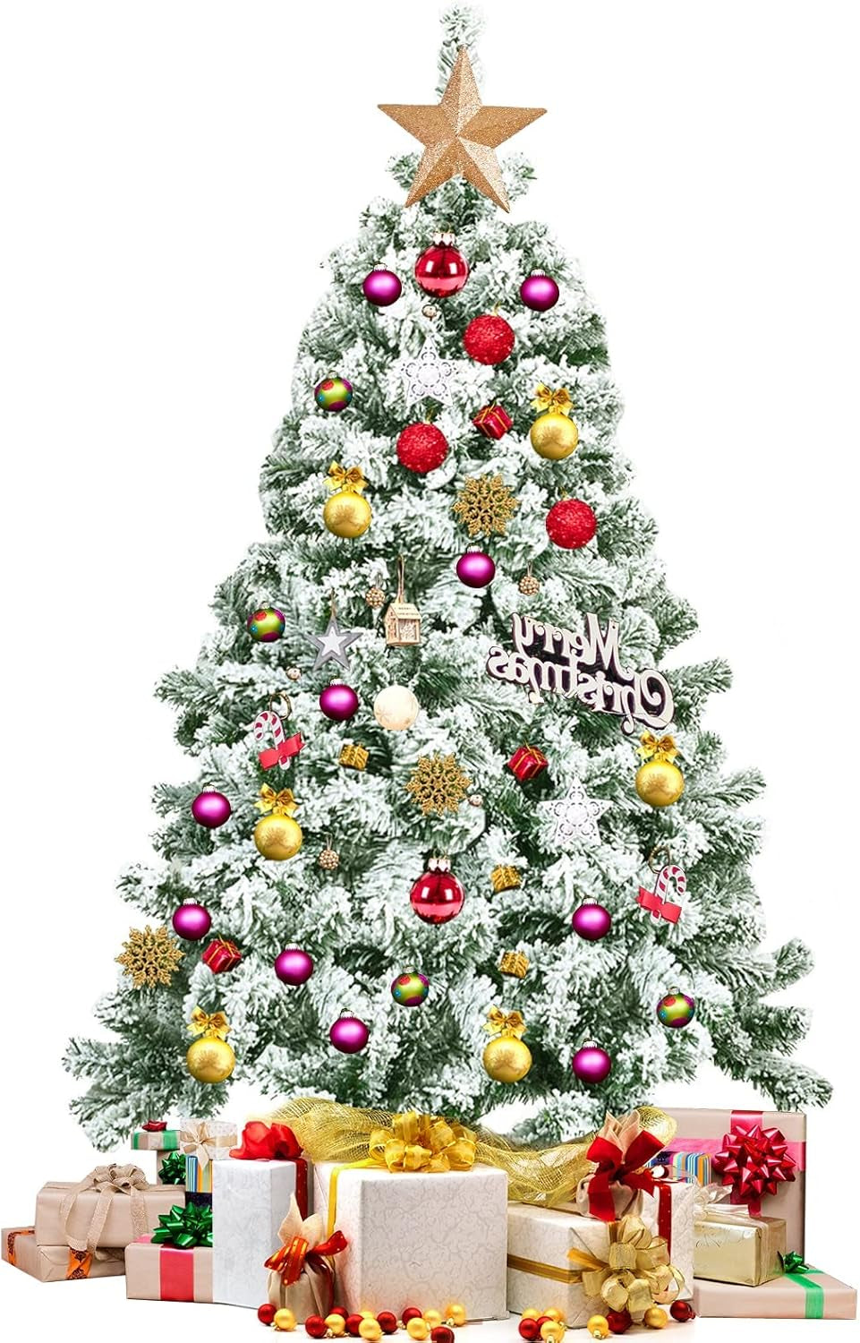 Pink Christmas Tree, 4.5 Ft Xmas Decoration Tree W/ 348 Snow Flocked PVC Tips & Metal Stand, Full-Bodied Unlit Artificial Tree for Indoor Festival Holiday Use