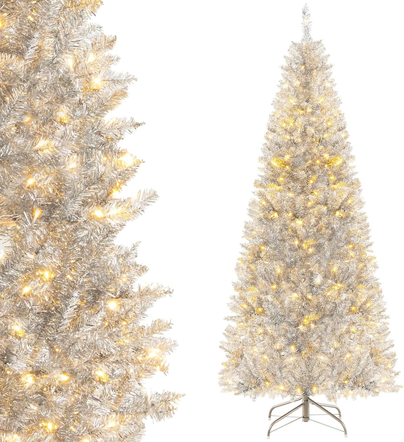 6Ft Sliver Pencil Christmas Tree, Artificial Slim Tree, Electroplated Technology, Xmas Decor for Indoor and Outdoor