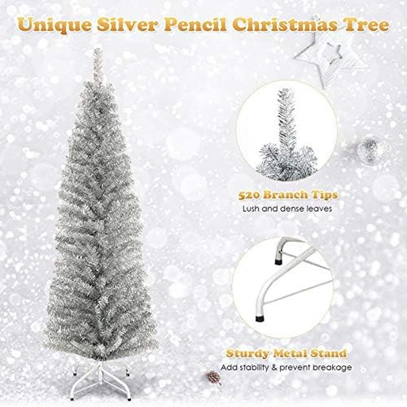 6Ft Sliver Pencil Christmas Tree, Artificial Slim Tree, Electroplated Technology, Xmas Decor for Indoor and Outdoor