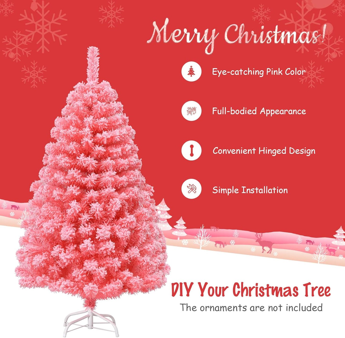 Pink Christmas Tree, 4.5 Ft Xmas Decoration Tree W/ 348 Snow Flocked PVC Tips & Metal Stand, Full-Bodied Unlit Artificial Tree for Indoor Festival Holiday Use