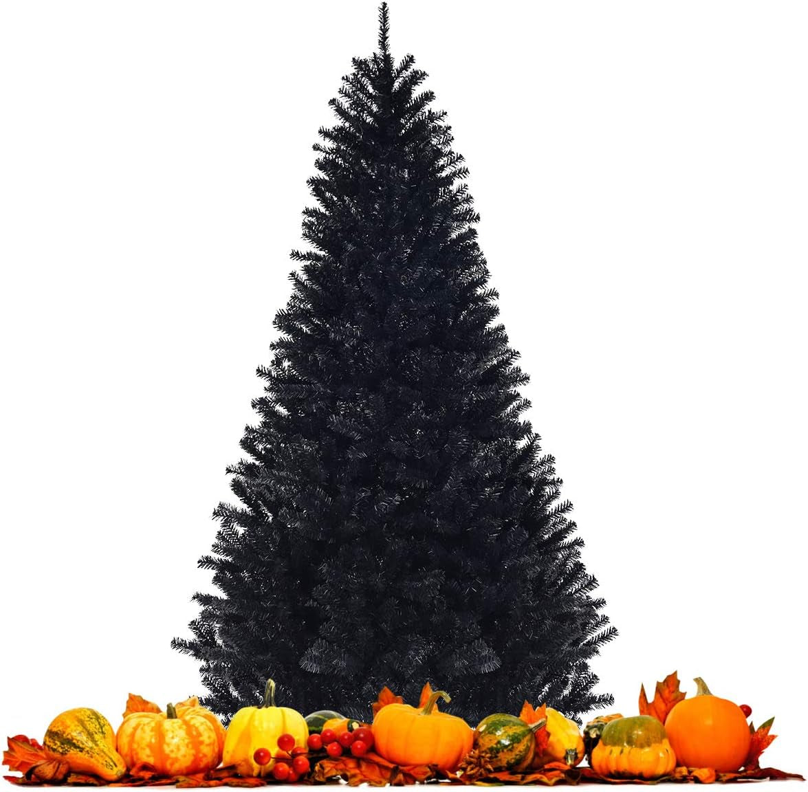 6Ft/7.5Ft Black Artificial Christmas Tree, Unlit Halloween Tree with 1036/1258 Branch Tips and Metal Stand, Easy Assembly, 6FT Holiday Christmas Tree Indoor Outdoor