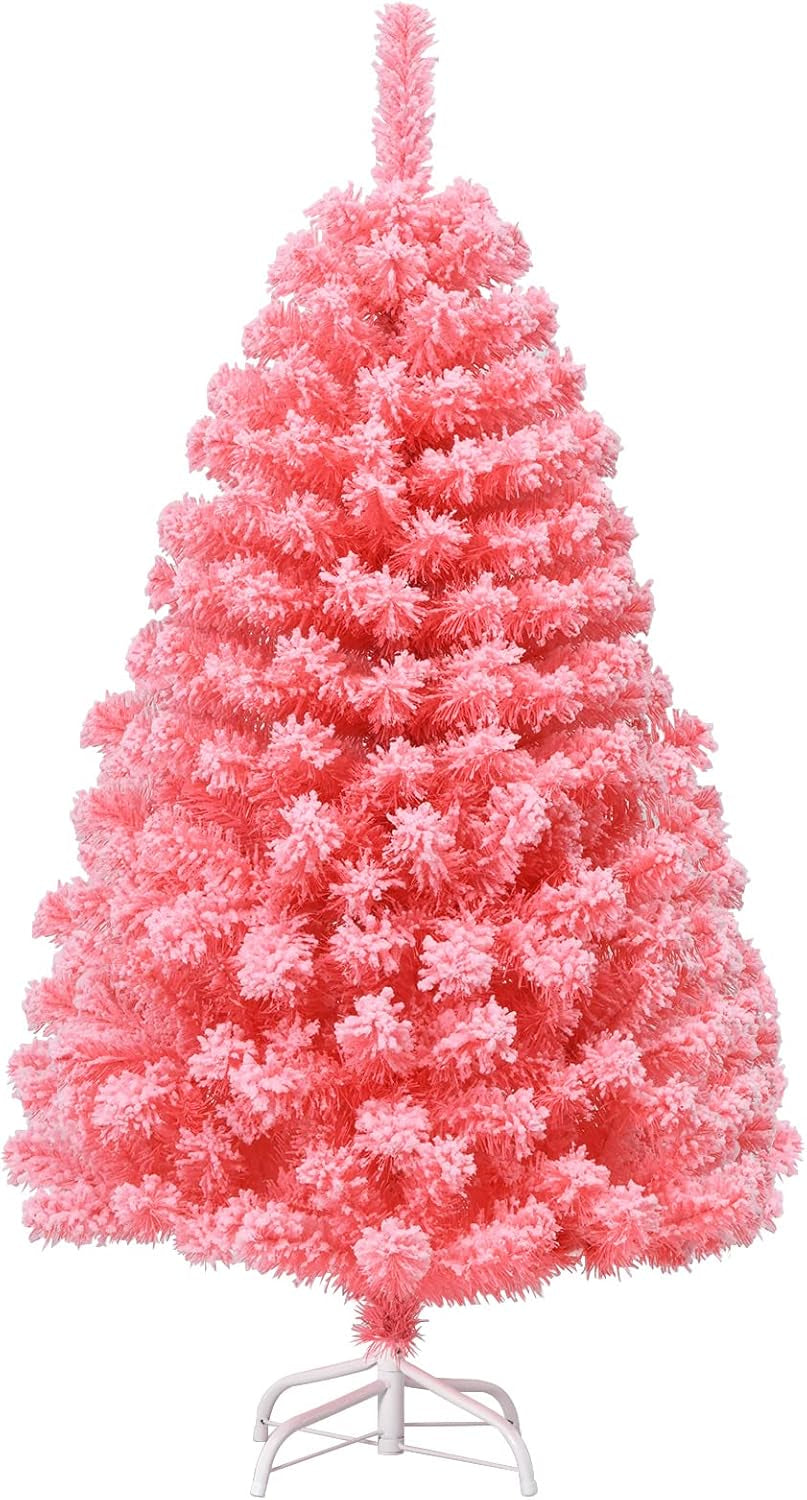 Pink Christmas Tree, 4.5 Ft Xmas Decoration Tree W/ 348 Snow Flocked PVC Tips & Metal Stand, Full-Bodied Unlit Artificial Tree for Indoor Festival Holiday Use
