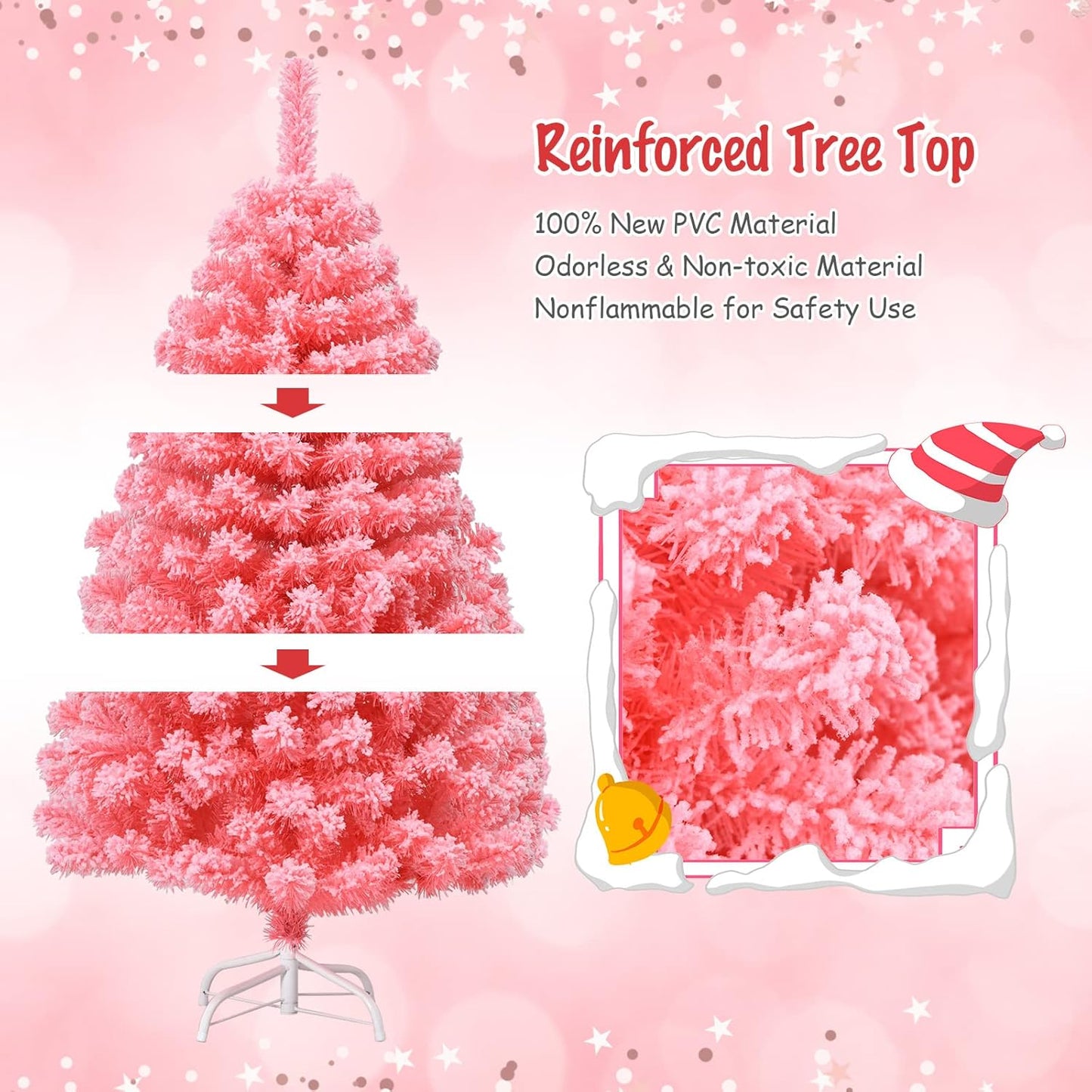 Pink Christmas Tree, 4.5 Ft Xmas Decoration Tree W/ 348 Snow Flocked PVC Tips & Metal Stand, Full-Bodied Unlit Artificial Tree for Indoor Festival Holiday Use