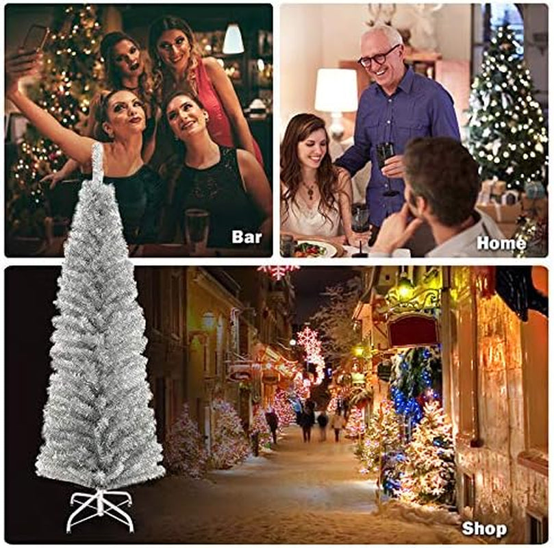 6Ft Sliver Pencil Christmas Tree, Artificial Slim Tree, Electroplated Technology, Xmas Decor for Indoor and Outdoor