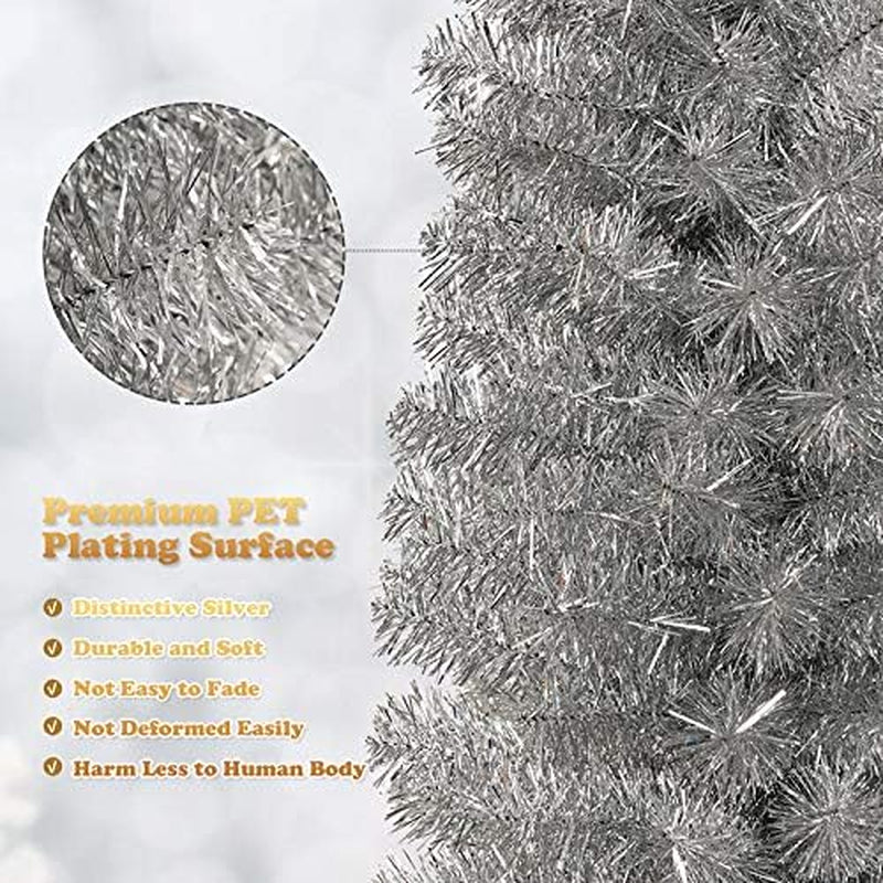 6Ft Sliver Pencil Christmas Tree, Artificial Slim Tree, Electroplated Technology, Xmas Decor for Indoor and Outdoor