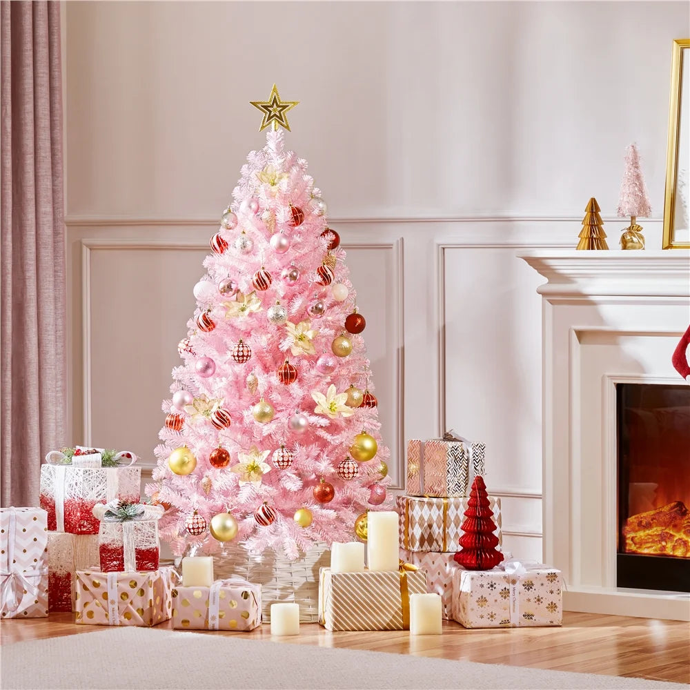 4.5Ft Pre-Lit Fir Artificial Christmas Tree with Foldable Stand, Pink