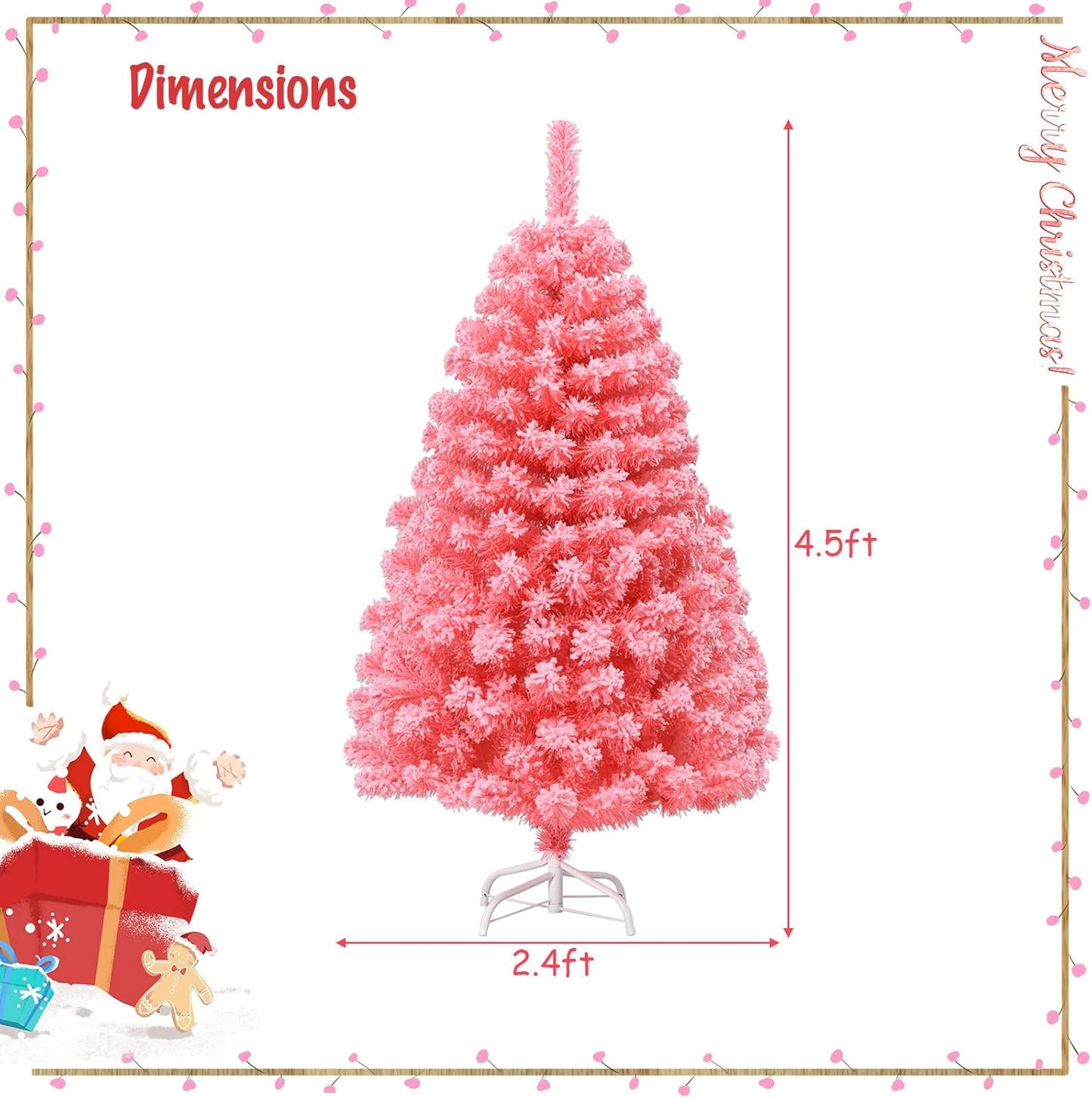 Pink Christmas Tree, 4.5 Ft Xmas Decoration Tree W/ 348 Snow Flocked PVC Tips & Metal Stand, Full-Bodied Unlit Artificial Tree for Indoor Festival Holiday Use