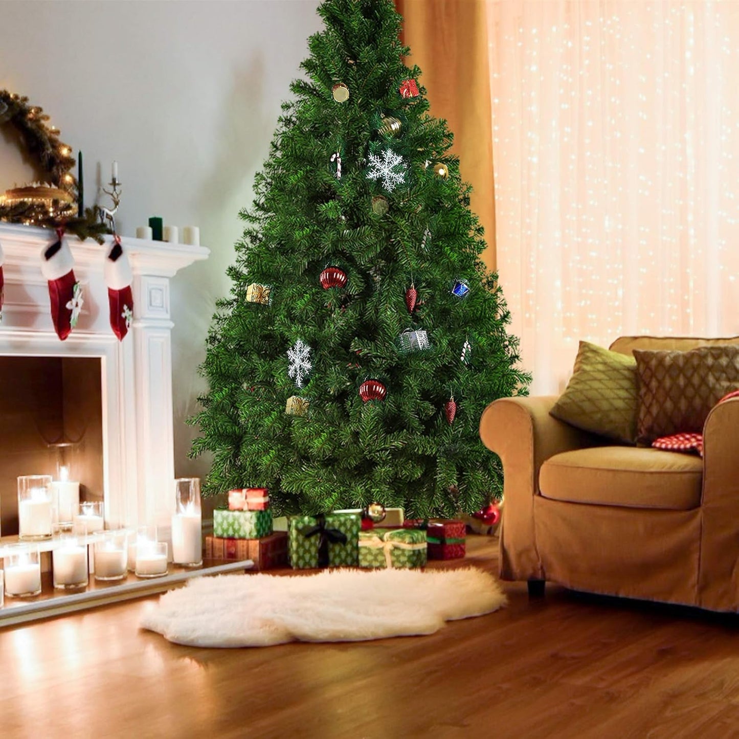 7 FT Christmas Pine Tree Artificial Fake Xmas Tree with Solid Metal Stand and Decoration for Festival Party Holiday Decorations,Green