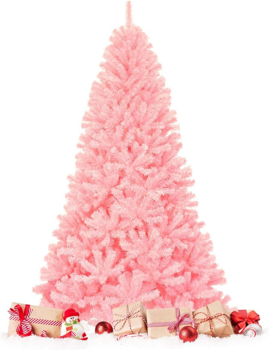 Pink Christmas Tree, 4.5 Ft Xmas Decoration Tree W/ 348 Snow Flocked PVC Tips & Metal Stand, Full-Bodied Unlit Artificial Tree for Indoor Festival Holiday Use