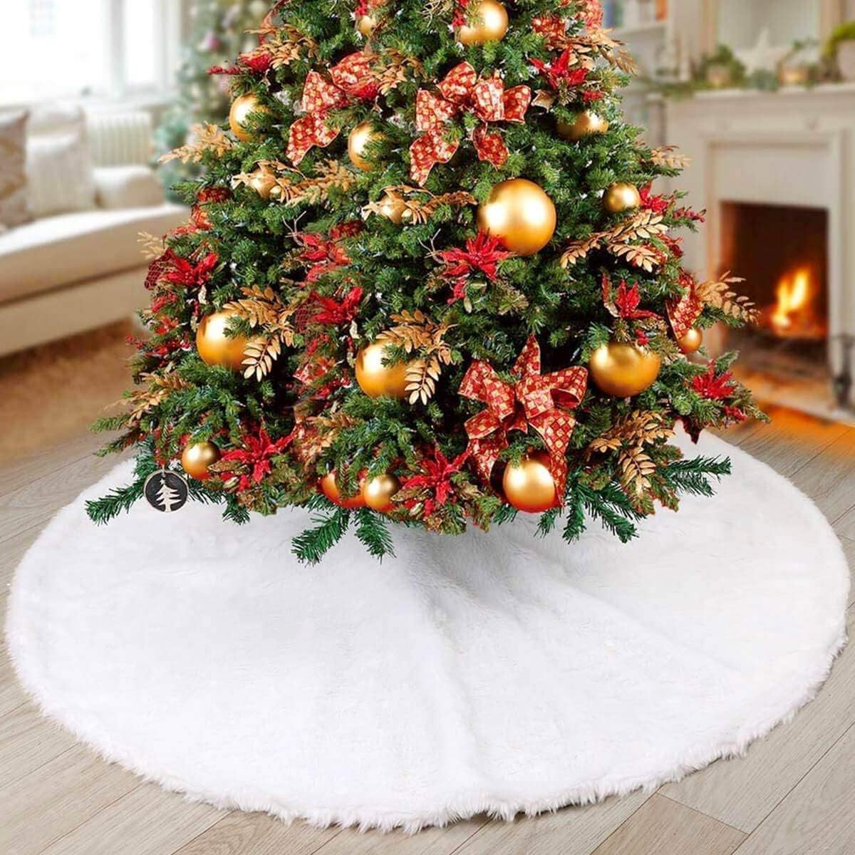 Christmas Tree Skirt, 48 Inch White Soft Faux Fur Tree Skirts Plush Christmas Decorations, White Ornaments Christmas Tree Skirts Xmas Decorations Indoor Holiday Party Decor