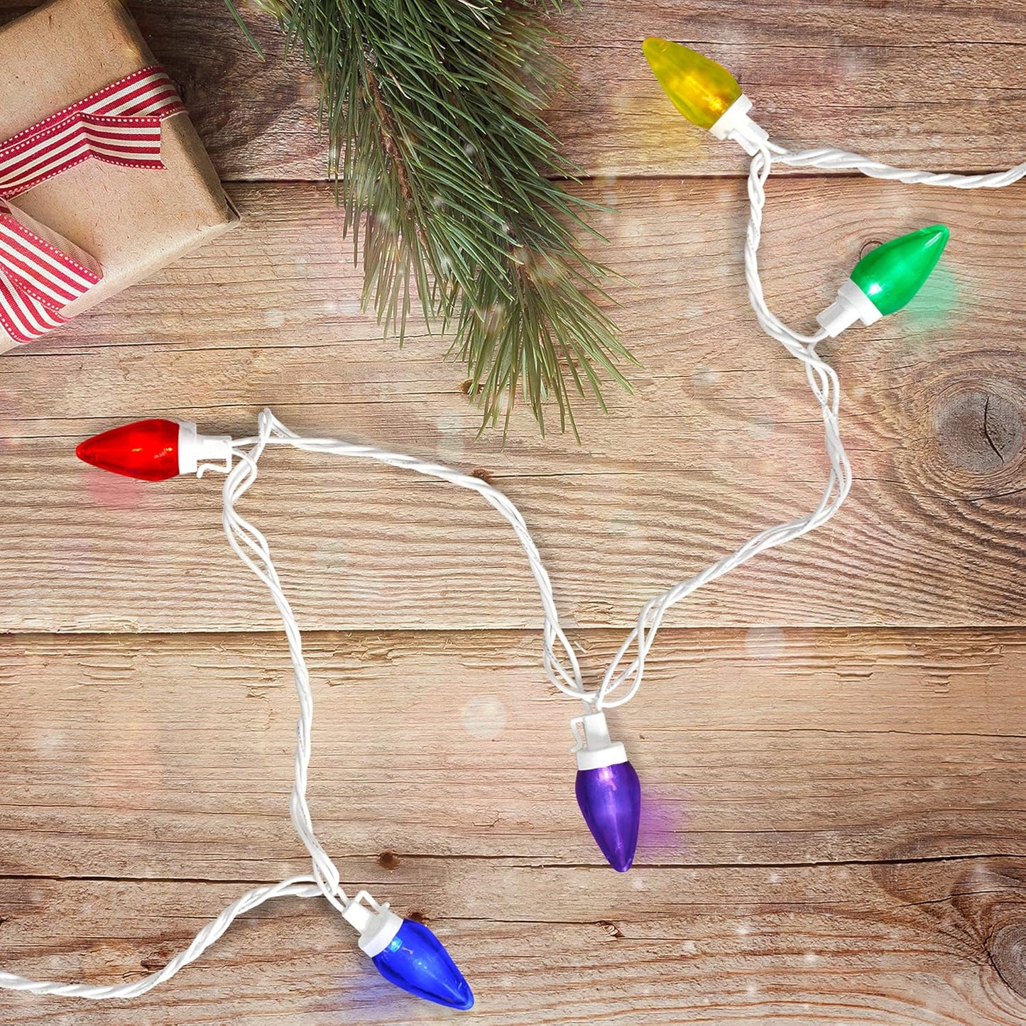 25 Count Multi-Color LED C7 Christmas Lights, 16 Ft White Wire
