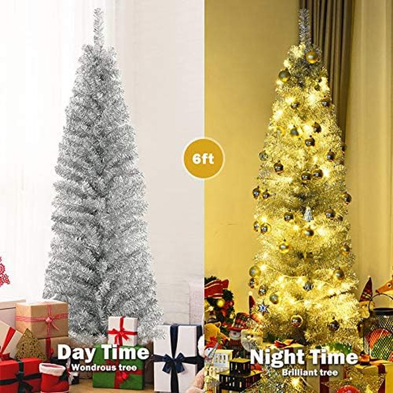 6Ft Sliver Pencil Christmas Tree, Artificial Slim Tree, Electroplated Technology, Xmas Decor for Indoor and Outdoor
