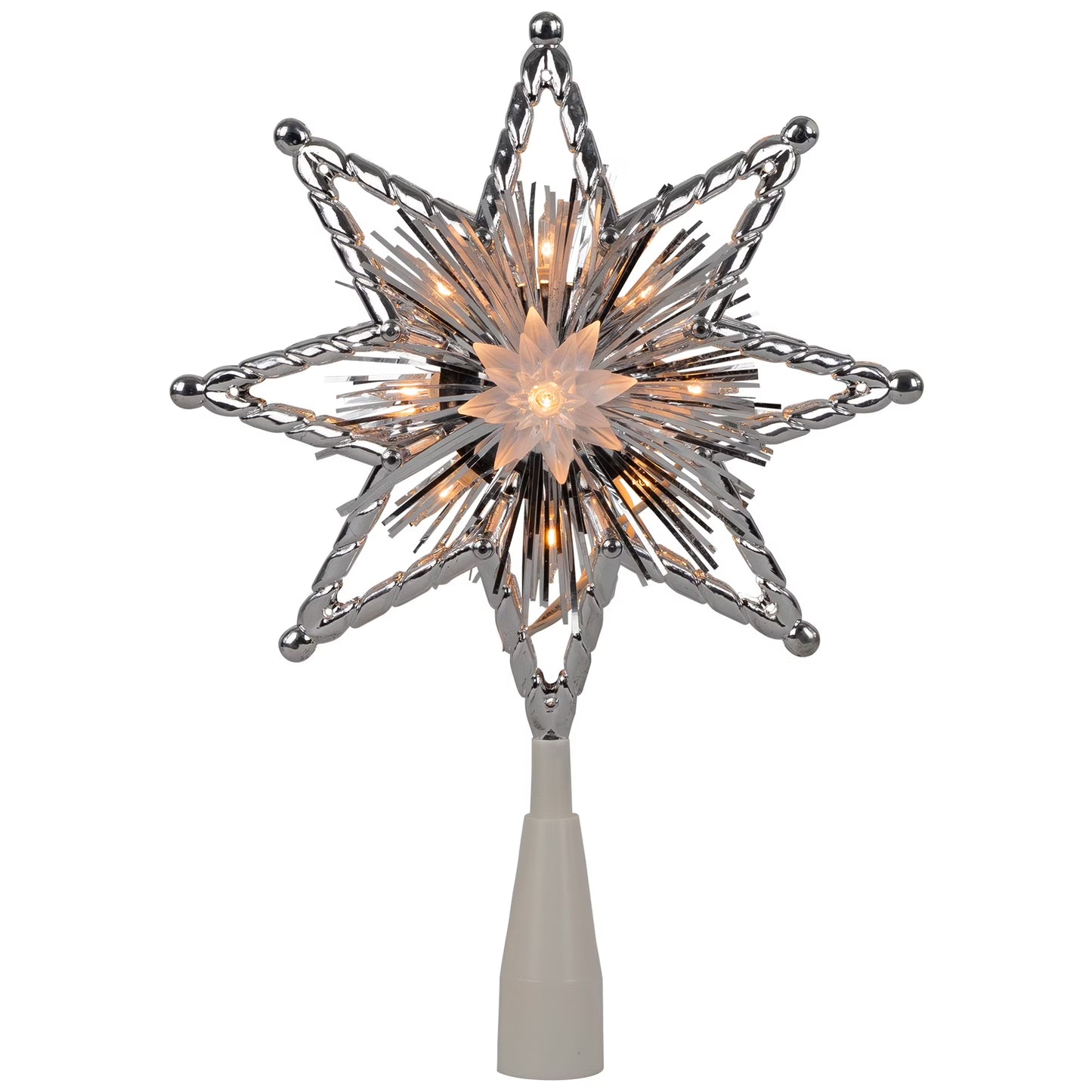 8" Lighted Silver Tinsel Star Christmas Tree Topper - Clear Lights, White Wire