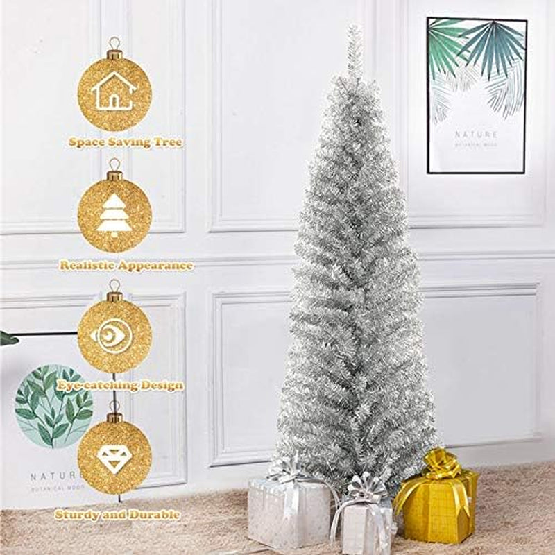 6Ft Sliver Pencil Christmas Tree, Artificial Slim Tree, Electroplated Technology, Xmas Decor for Indoor and Outdoor