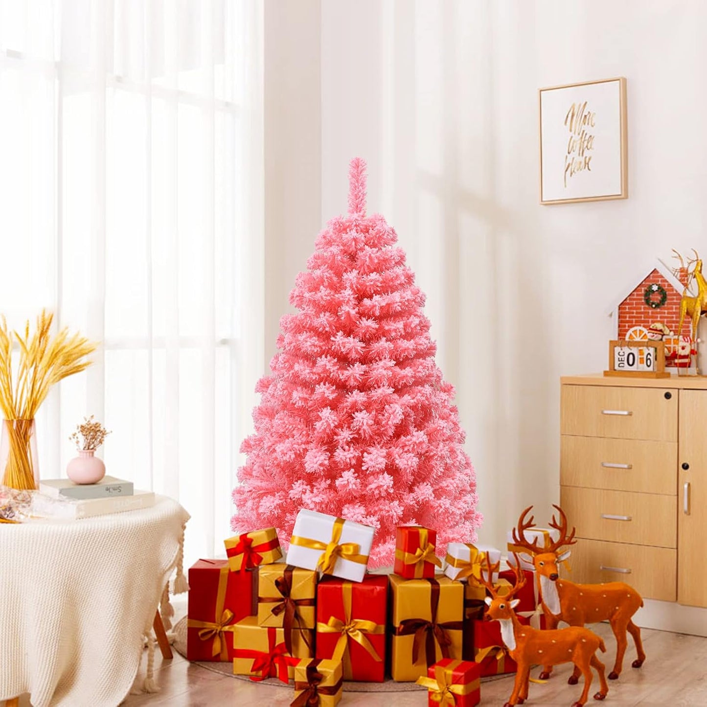 Pink Christmas Tree, 4.5 Ft Xmas Decoration Tree W/ 348 Snow Flocked PVC Tips & Metal Stand, Full-Bodied Unlit Artificial Tree for Indoor Festival Holiday Use