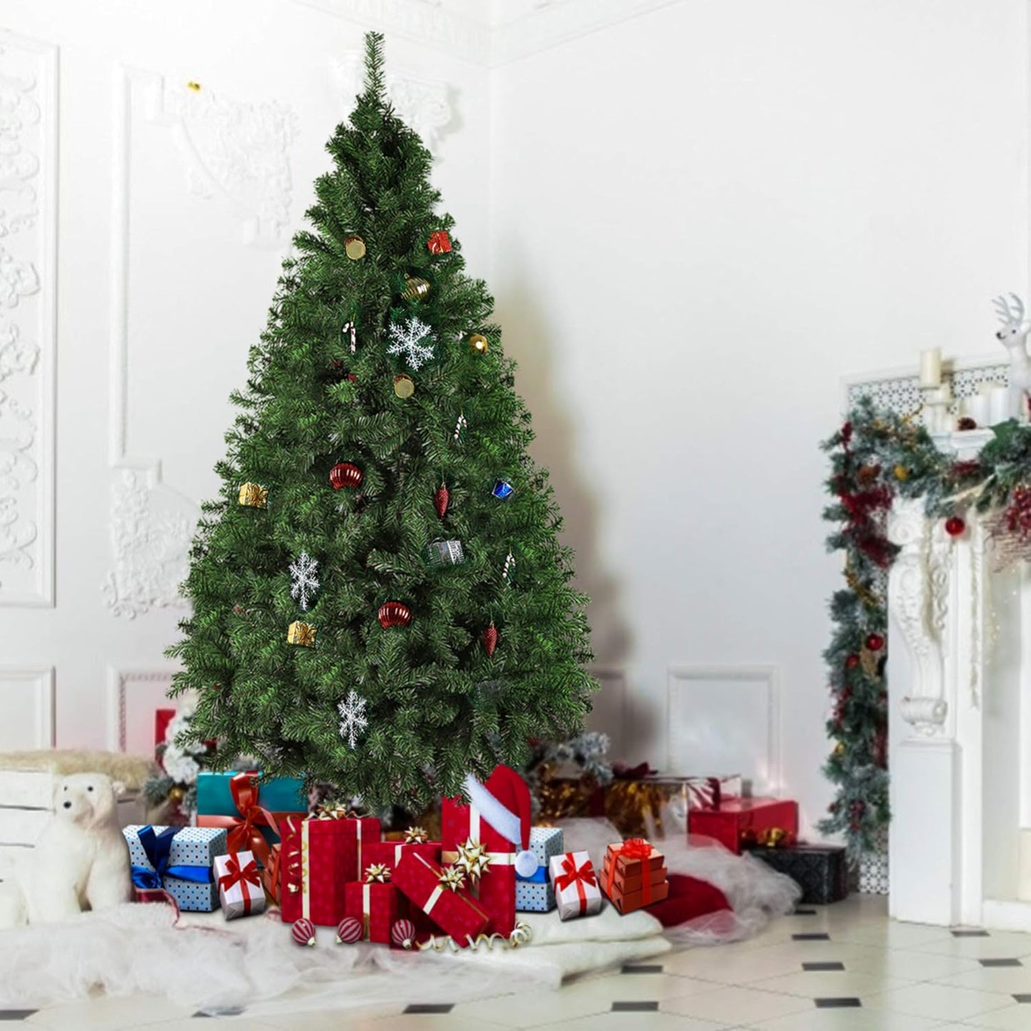7 FT Christmas Pine Tree Artificial Fake Xmas Tree with Solid Metal Stand and Decoration for Festival Party Holiday Decorations,Green