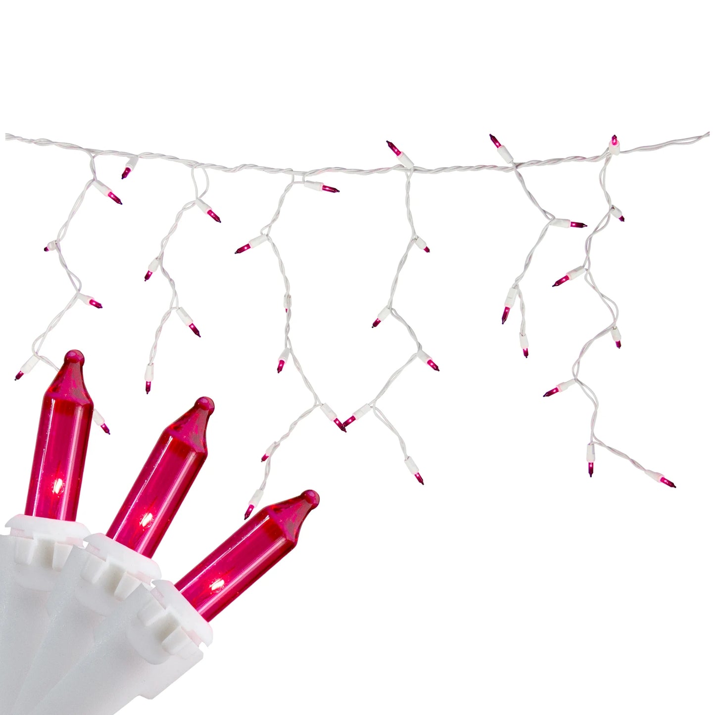 34186429 Mini Icicle Christmas Lights - Pink - 7.75' White Wire - 100Ct