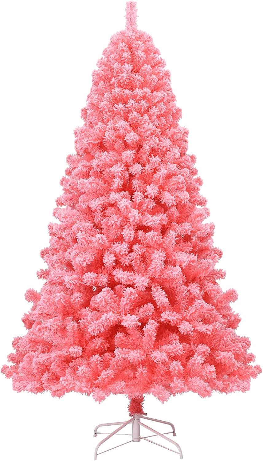Pink Christmas Tree, 4.5 Ft Xmas Decoration Tree W/ 348 Snow Flocked PVC Tips & Metal Stand, Full-Bodied Unlit Artificial Tree for Indoor Festival Holiday Use