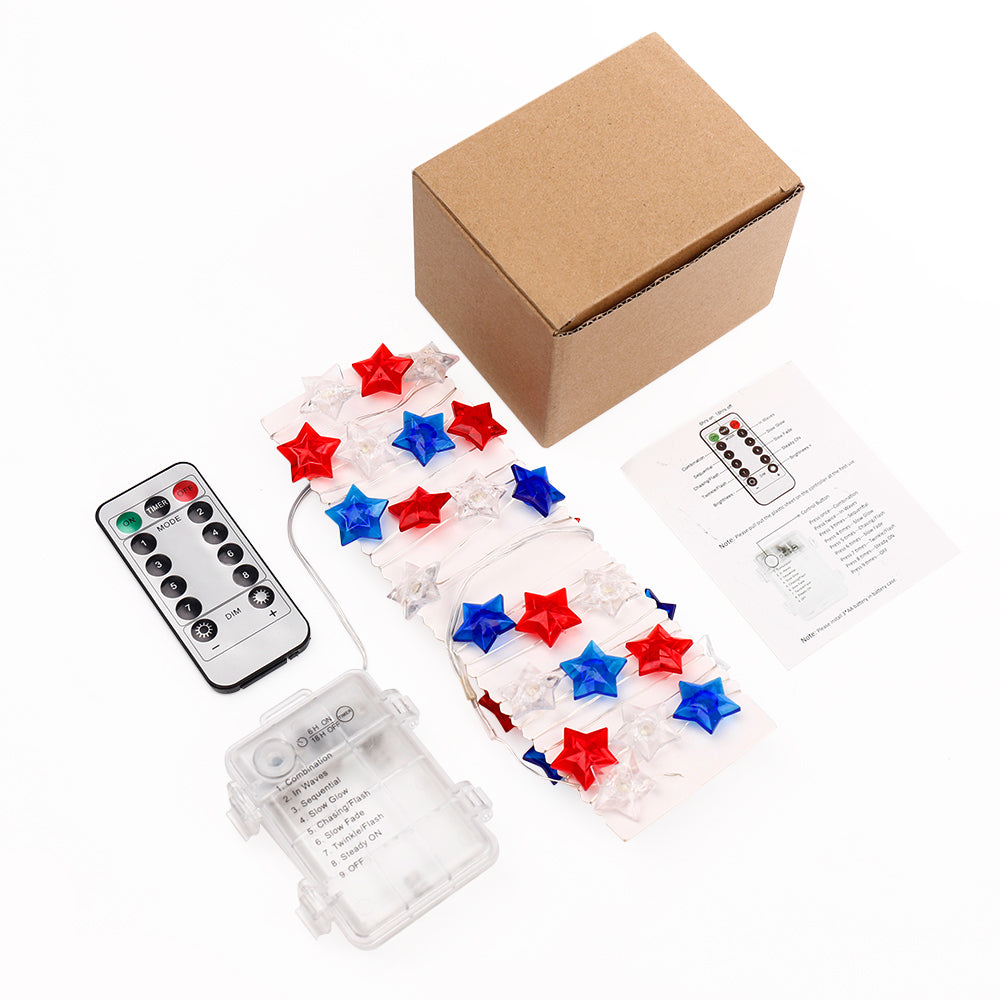 Battery Operated Red, White & Blue Star Fairy Lights