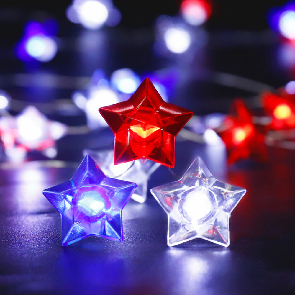 Battery Operated Red, White & Blue Star Fairy Lights