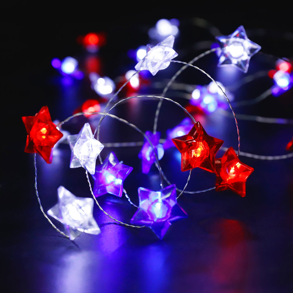 Battery Operated Red, White & Blue Star Fairy Lights