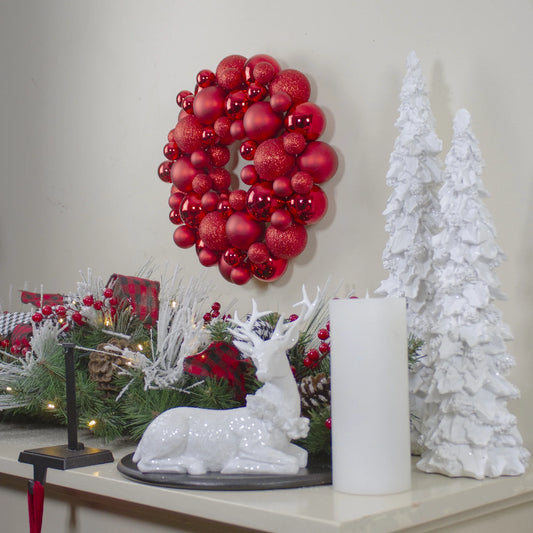 3-Finish Shatterproof Ball Christmas Wreath - 13" - Red - Unlit