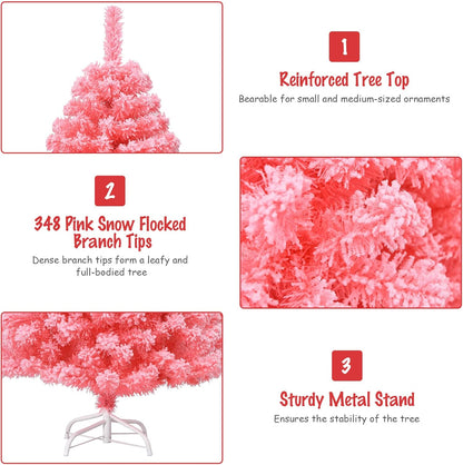 Pink Christmas Tree, 4.5 Ft Xmas Decoration Tree W/ 348 Snow Flocked PVC Tips & Metal Stand, Full-Bodied Unlit Artificial Tree for Indoor Festival Holiday Use