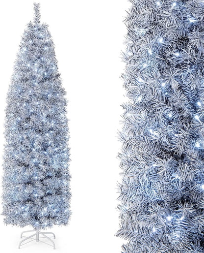 6Ft Sliver Pencil Christmas Tree, Artificial Slim Tree, Electroplated Technology, Xmas Decor for Indoor and Outdoor