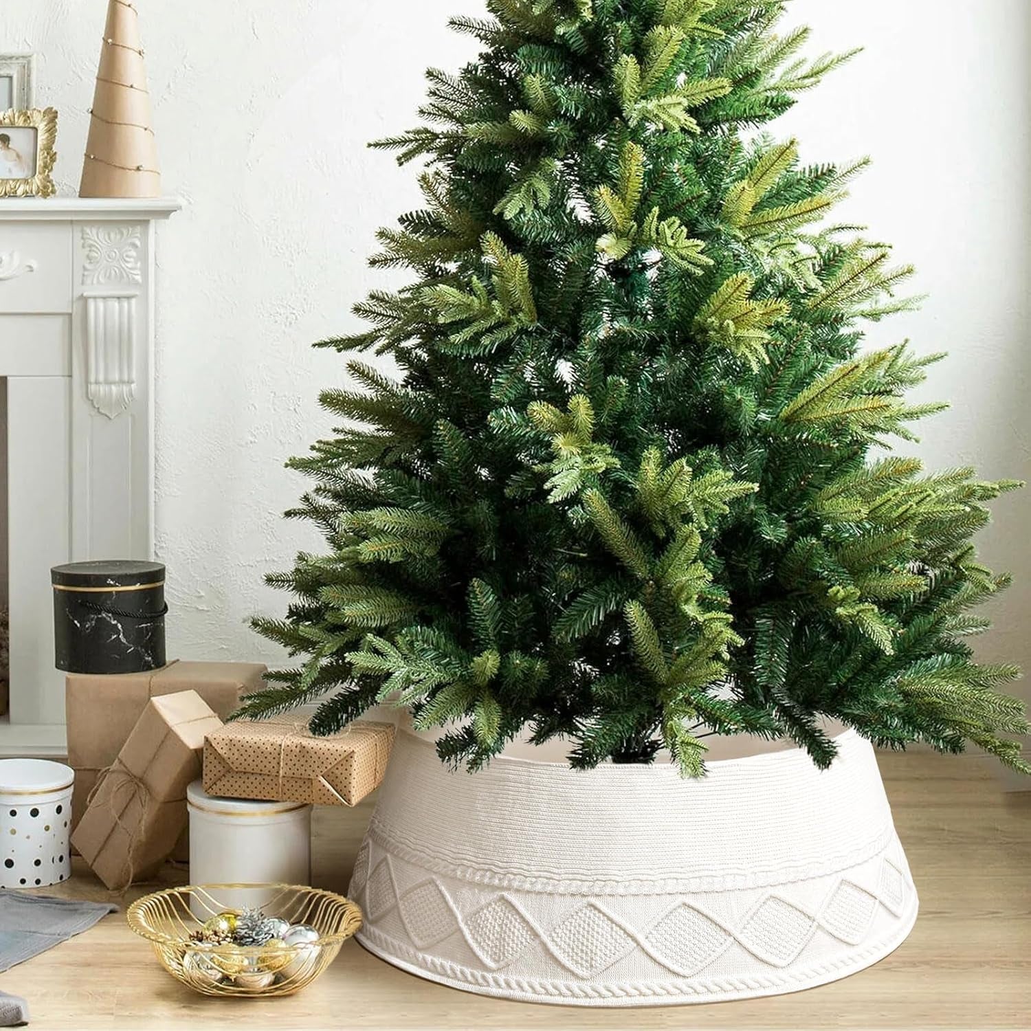 Knitted Christmas Tree Collar - Cream Chunky Cable Knit Ring for Artificial Trees, Farmhouse Rustic Stand Base Cover for Xmas Home Decor