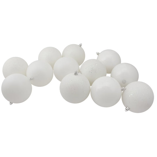 12Ct Shatterproof 4-Finish Christmas Ball Ornament Set 4" - White