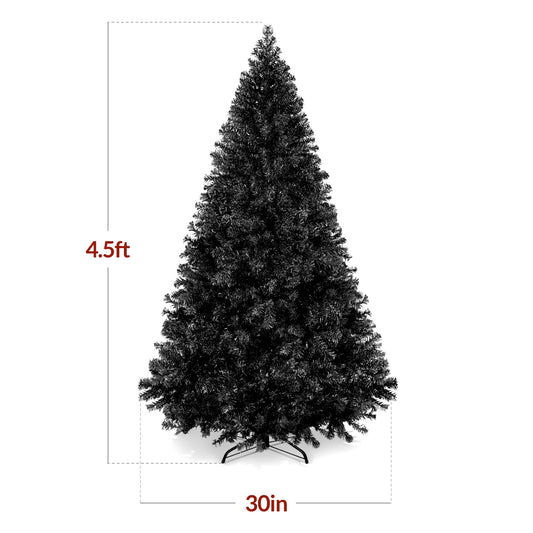4.5Ft Artificial Full Black Christmas Tree Holiday Decoration W/ 362 Branch Tips, Foldable Base