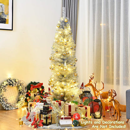 6Ft Sliver Pencil Christmas Tree, Artificial Slim Tree, Electroplated Technology, Xmas Decor for Indoor and Outdoor