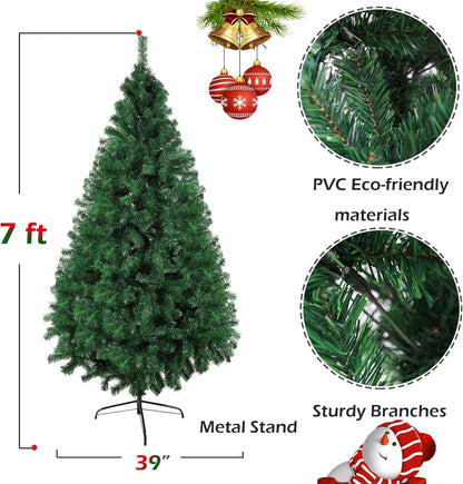 7 FT Christmas Pine Tree Artificial Fake Xmas Tree with Solid Metal Stand and Decoration for Festival Party Holiday Decorations,Green