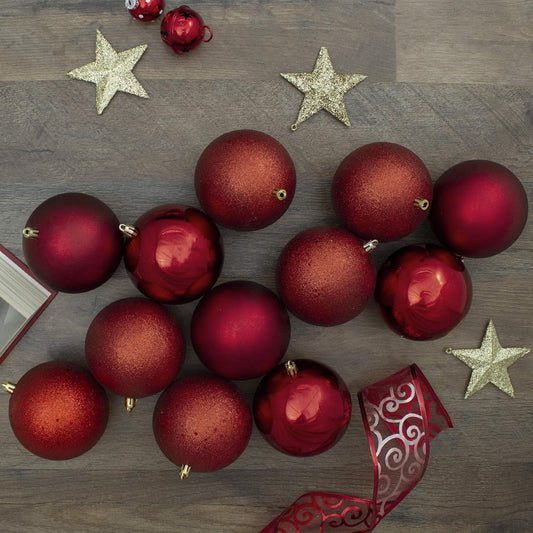 Shatterproof 4-Finish Christmas Ball Ornaments - 4" (100Mm) - Red - 12Ct