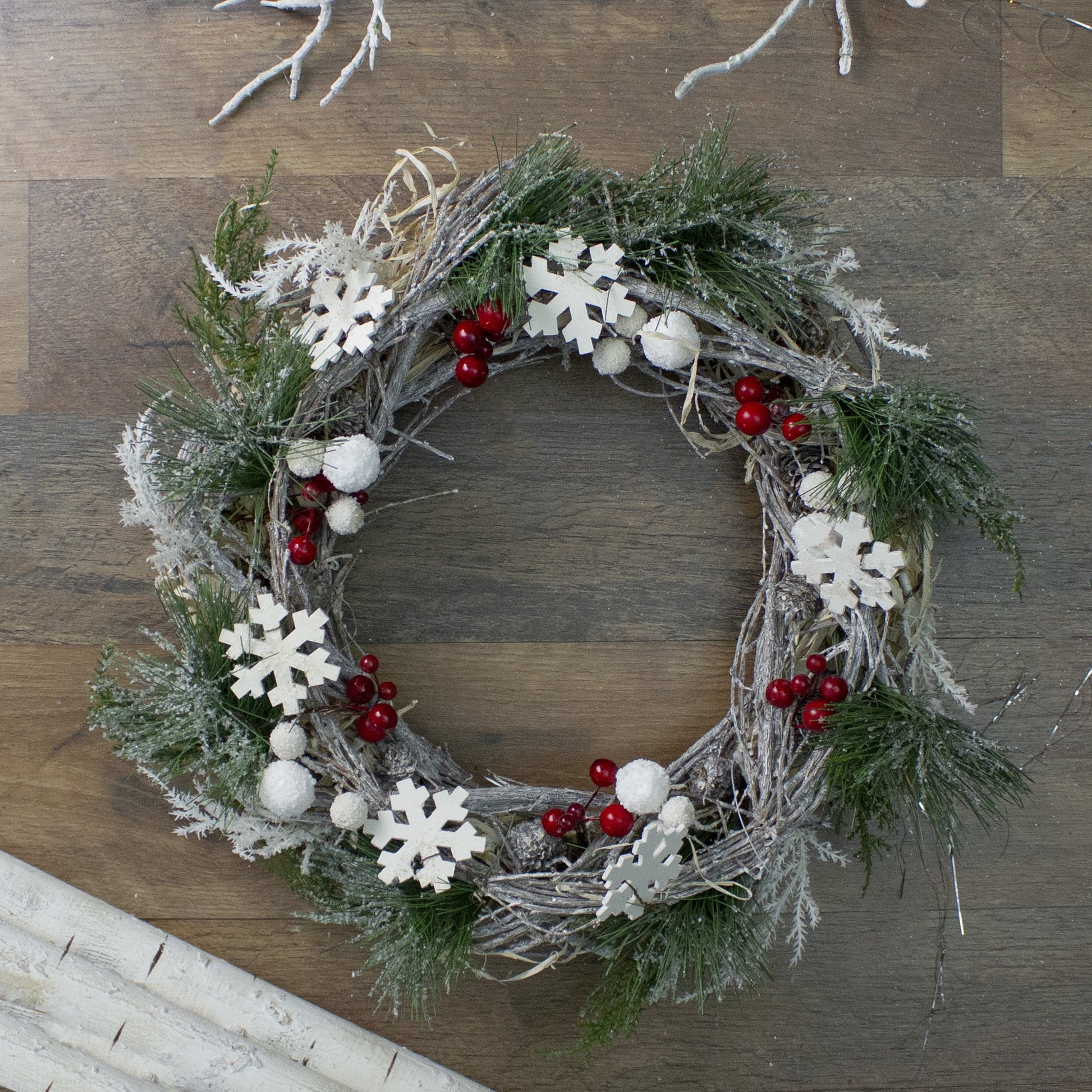 Snowflakes and Berries Winter Foliage Christmas Wreath - 13" - Unlit
