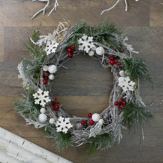 Snowflakes and Berries Winter Foliage Christmas Wreath - 13" - Unlit