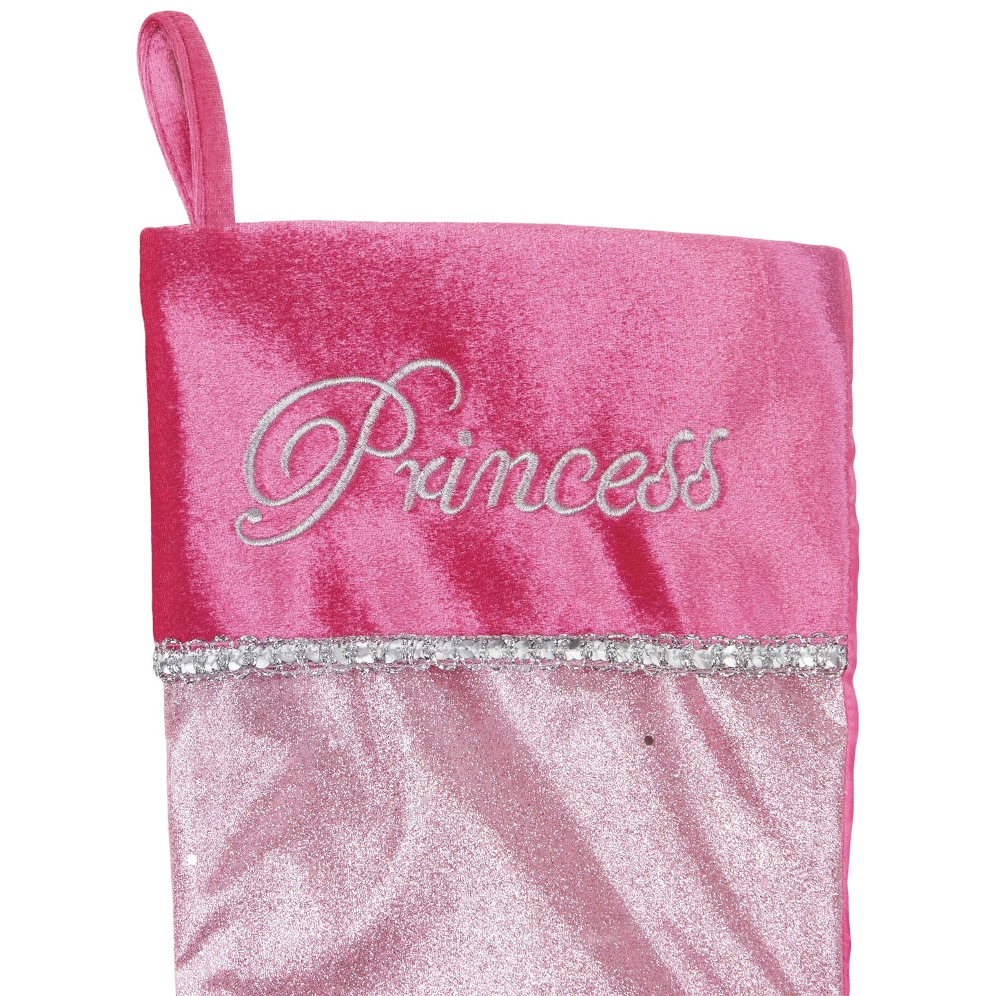 21" Pink and Silver Glittered Princess Christmas Stocking with Cuff