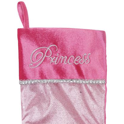 21" Pink and Silver Glittered Princess Christmas Stocking with Cuff