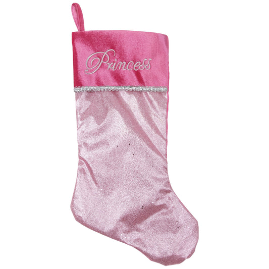 21" Pink and Silver Glittered Princess Christmas Stocking with Cuff
