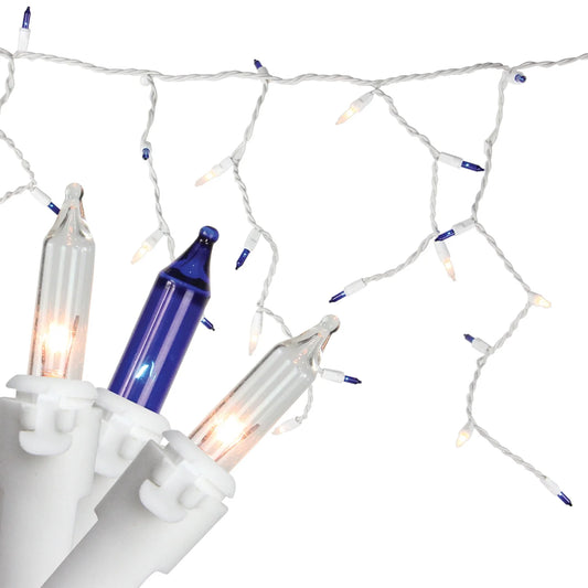 150Ct Blue & Clear Mini Icicle Christmas Lights - White Wire