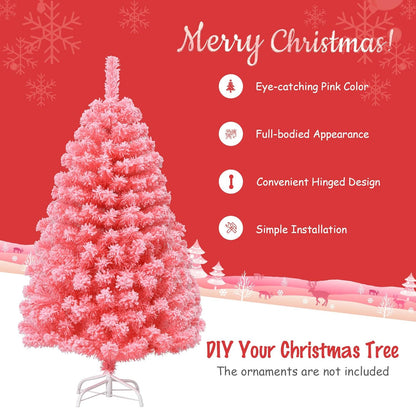 Pink Christmas Tree, 4.5 Ft Xmas Decoration Tree W/ 348 Snow Flocked PVC Tips & Metal Stand, Full-Bodied Unlit Artificial Tree for Indoor Festival Holiday Use
