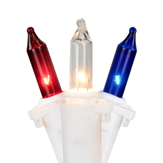 Mini Christmas Light Set - Red White and Blue - 10' White Wire - 50Ct